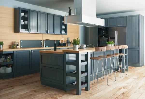 Житловий інтер'єр сучасної кухні в елітному особняку, 3d візуалізація — стокове фото