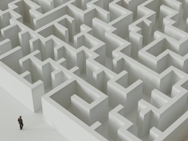 İş adamı labirentin girişinin önünde duruyor. 3d oluşturma