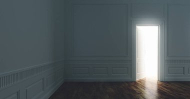 Parke ile klasik duvar iç ve modern çerçeve, boş oda, 3d render