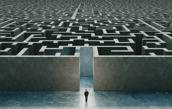 Businessman standing in front of the entrance to the maze. 3d rendering — Stock Photo, Image