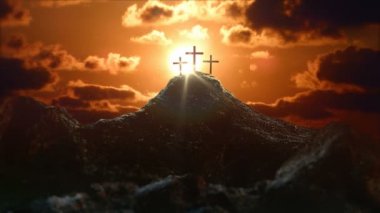 Golgotha tepesi antik Kudüs 'ün dışında İsa' nın çarmıha gerildiği yer. Kutsal Haç, gizemli bulutlar ve ışık huzmeleri. 3d oluşturma