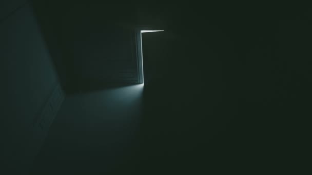 Dveře otvírající se v temném pokoji jasnému světlu. Pojem správná volba. Krásná 3D animace vykreslování