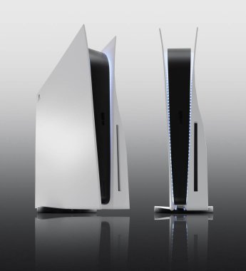 Japonya - 11 Haziran 2020. Sony 'den yeni bir ürünün sunumu, kablosuz beyaz PlayStation 5, gri arka planda, oyun konsolunda. 3d oluşturma
