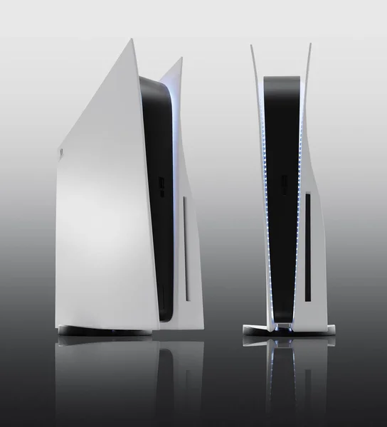 Japonya - 11 Haziran 2020. Sony 'den yeni bir ürünün sunumu, kablosuz beyaz PlayStation 5, gri arka planda, oyun konsolunda. 3d oluşturma