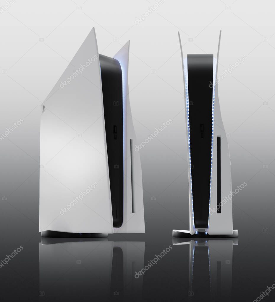 Japan - June 11, 2020. Presentation of a new product from Sony, wireless white PlayStation 5 on grey background, game console. 3d rendering illustration