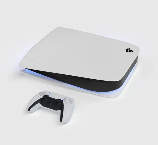 Ιαπωνία - 11 Ιουνίου 2020. Παρουσίαση ενός νέου προϊόντος από τη Sony, ασύρματη λευκή κονσόλα PlayStation 5 και gamepad σε λευκό φόντο, κονσόλα παιχνιδιών. 3d απόδοση — Φωτογραφία Αρχείου