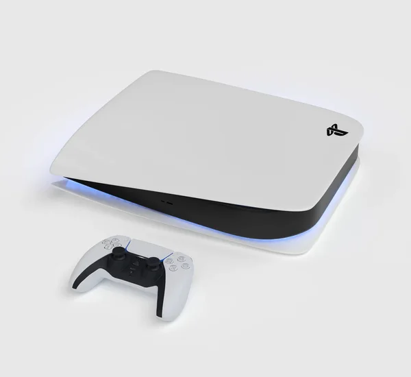 Japan - June 11, 2020. Presentation of a new product from Sony, wireless white console PlayStation 5 and gamepad on white background, game console. 3d rendering — 图库照片