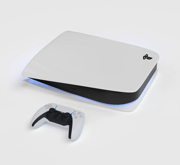 Japan - June 11, 2020. Presentation of a new product from Sony, wireless white console PlayStation 5 and gamepad on white background, game console. 3d rendering