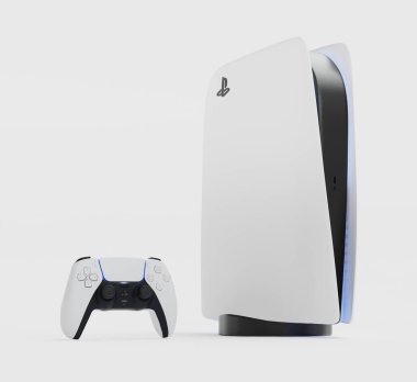 Japonya - 11 Haziran 2020. Sony, kablosuz beyaz konsol PlayStation 5 ve oyun konsolunda oyun konsolu üzerine yeni bir ürünün sunumu. 3d oluşturma
