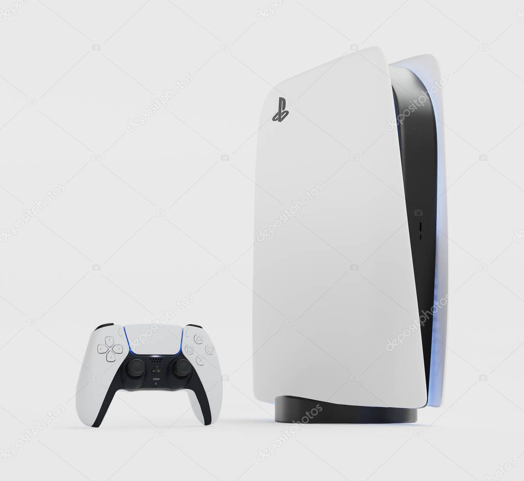 Japan - June 11, 2020. Presentation of a new product from Sony, wireless white console PlayStation 5 and gamepad on white background, game console. 3d rendering illustration