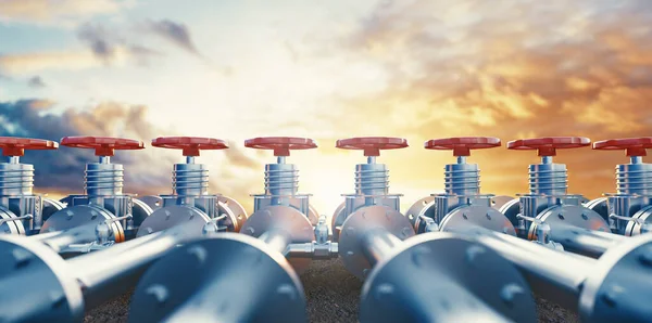 Válvulas de tubería de petróleo o gas. Extracción de petróleo y gas, producción y transporte antecedentes industriales. renderizado 3d — Foto de Stock