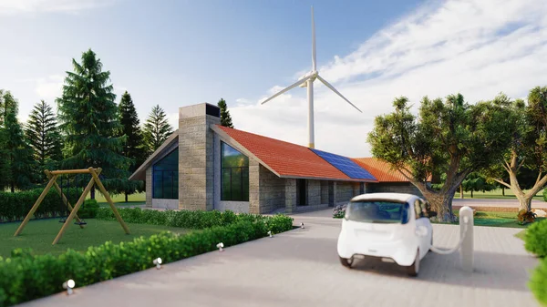 Güneş panelleri ve rüzgar türbinleriyle doğada güzel bir ev. Elektrikli araba. Sürdürülebilir kaynaklar kavramı. 3d oluşturma