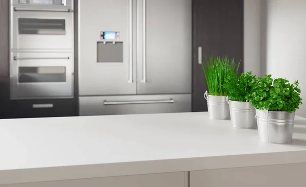 带有芳香植物的现代化厨房，3D渲染 — 图库照片