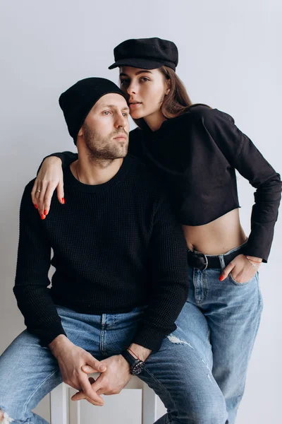 Two Hipster Models Man Woman Blank Black Shirt Jeans Posing — Stock Photo, Image