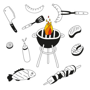 Barbekü Ögeleri Ayarlandı. Çatal, spatula, bıçak. Et balığı. Kebap, sos..