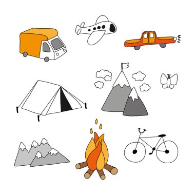 Yaz turizmi temalı elementler. Karavan, dağlar, bisiklet, çadır, şenlik ateşi.
