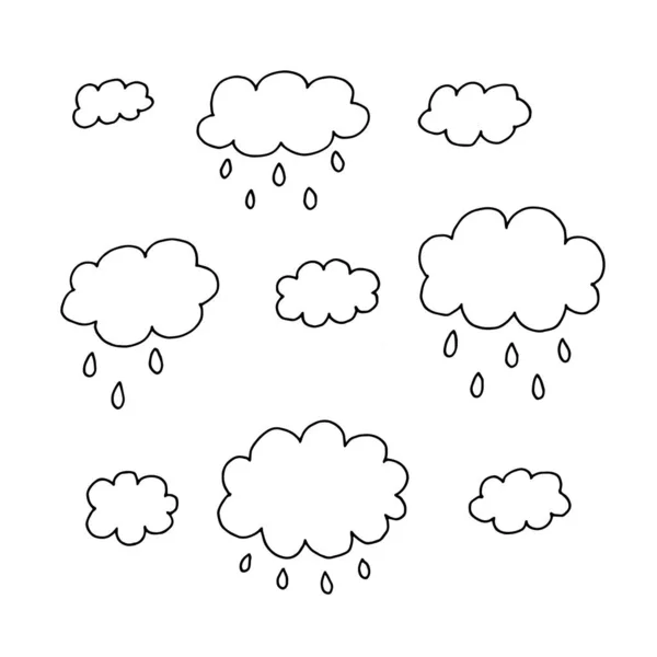 Set Clouds Raindrops Drawn Pen — Stock Vector