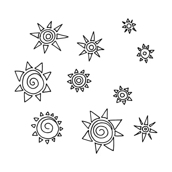 Ручной Эскиз Ручки Рисунками Солнц — стоковый вектор