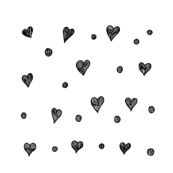 Handgezeichnet Mit Gel Pen Schwarz Weiß Set Von Herzen — Stockvektor
