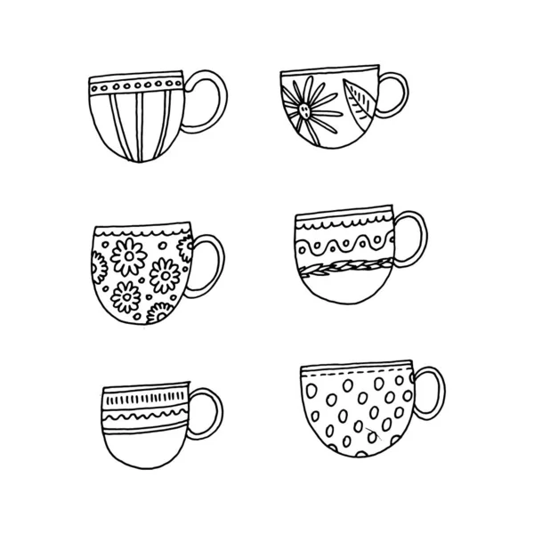 Sketch Coloring Book Set Cups Tea Patterns — Stock Vector