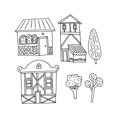 El çizimi ev ve ağaçlar..