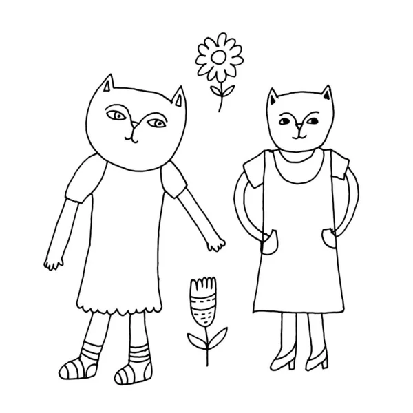 Handgezeichnete Skizzen Von Katzen Und Blumen Doodle Stil — Stockvektor