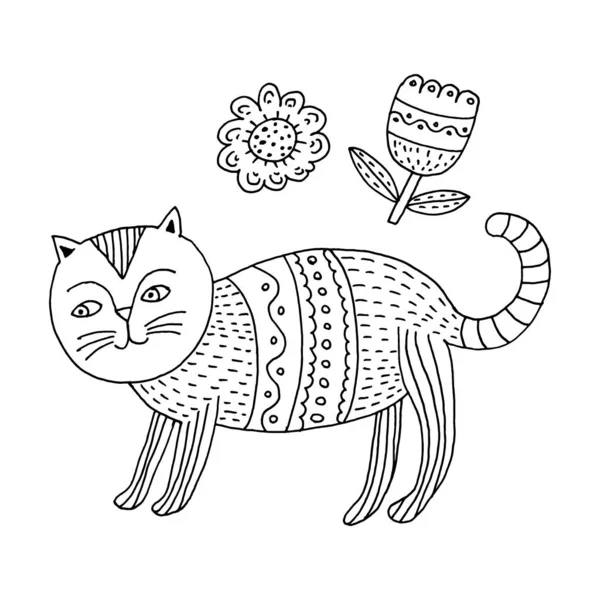 Ručně Kreslené Náčrty Koček Květin Stylu Čmáranice — Stockový vektor