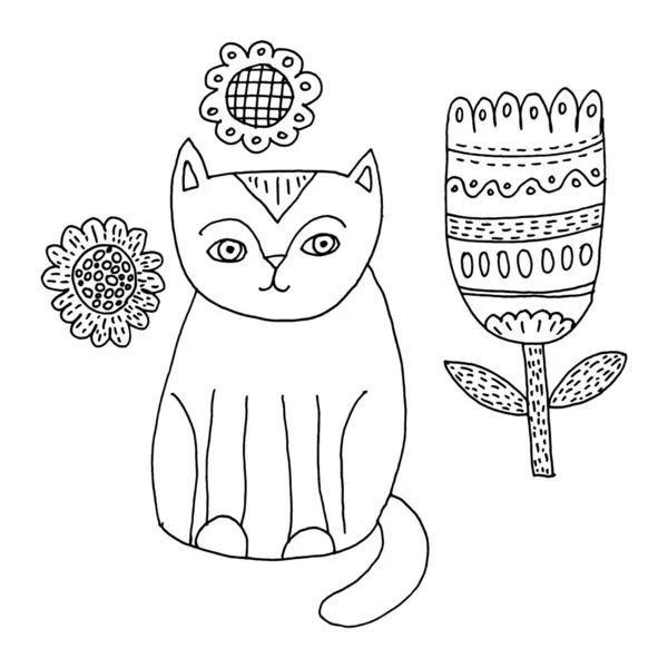Ručně Kreslené Náčrty Koček Květin Stylu Čmáranice — Stockový vektor