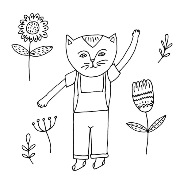 Handgezeichnete Skizzen Von Katzen Und Blumen Doodle Stil — Stockvektor