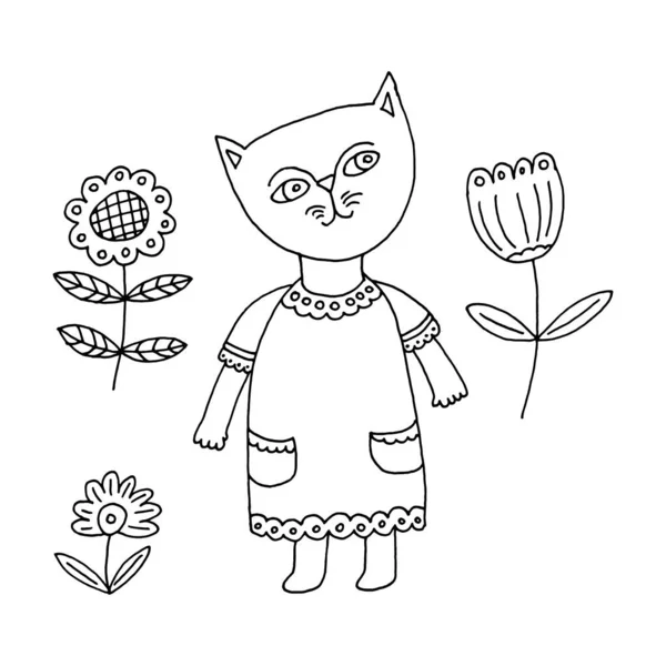 Handgezeichnete Skizzen Von Katzen Und Blumen Doodle Stil — Stockvektor