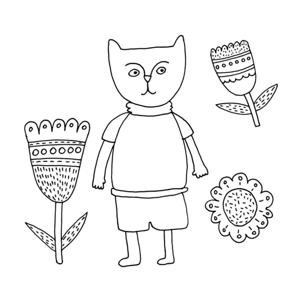 Handgezeichnete Skizzen Von Katzen Und Blumen Doodle Stil — Stockvektor