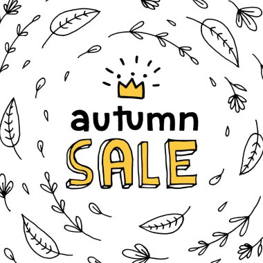 Sonbahar indirimi. Kare boyutunda el çizimi poster.