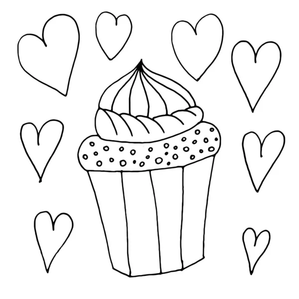 Gâteau Cœurs Dessinés Main Noir Blanc Dans Style Doodle — Image vectorielle