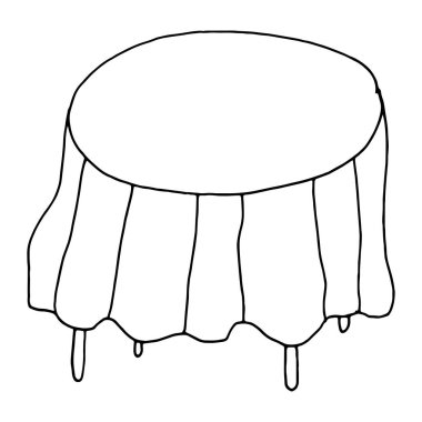 Boyama kitabı. Masa örtüsü masanın üstünde. Siyah beyaz, elle çizilmiş..