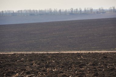 İlkbaharda sürülen tarla. Ufukta tepeler ve ormanlar var. Gökyüzünü temizle