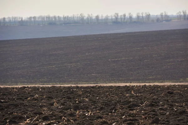İlkbaharda sürülen tarla. Ufukta tepeler ve ormanlar var. Gökyüzünü temizle