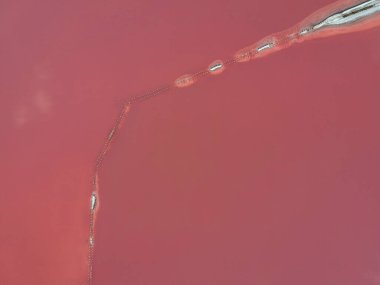 Pembe bir tuz gölünün havadan görünüşü. Azov Ukrayna. Drone fotoğrafı.