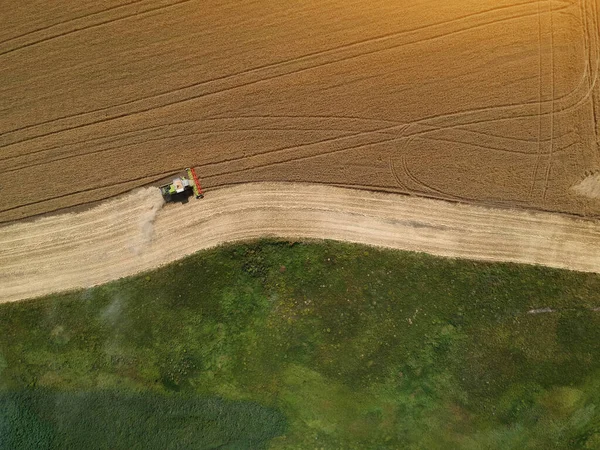 Aerial View Combine Harvester Working Fields Drone Photo — Stock Photo, Image