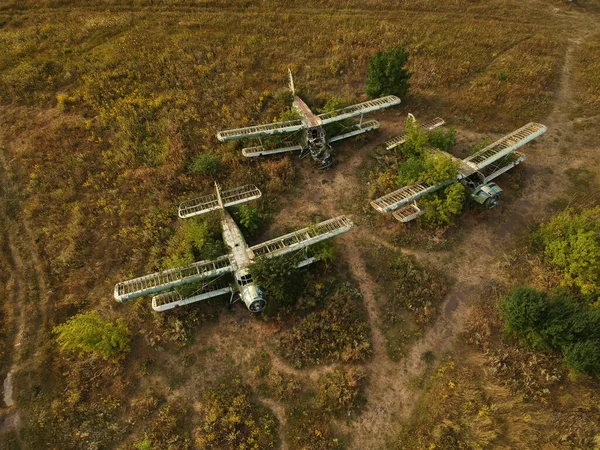 Старый Заброшенный Аэродром Брошенными Самолетами Вид Сверху Воздуха — стоковое фото