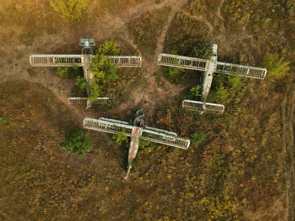 Velho Aeródromo Abandonado Com Aviões Abandonados Vista Aérea Superior — Fotografia de Stock