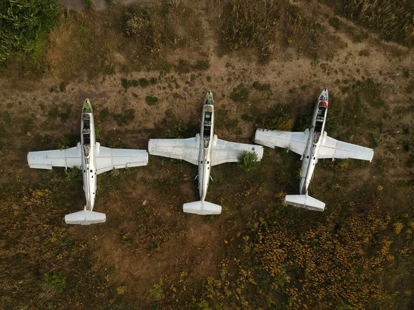 Antiguo Campo Aviación Abandonado Con Aviones Abandonados Vista Superior Aérea — Foto de Stock