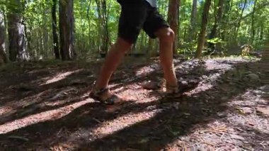 Çocuğun ormanda şort ve sandalet giyerek yürüdüğü yakın plan. Açık hava macerası, doğa yürüyüşü ve keşfi..