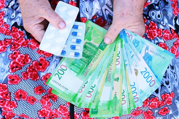 Pills New Russian Money Hands Elderly Woman Close — Stock Photo, Image