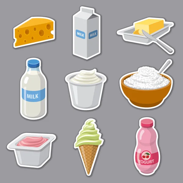 Illustration Stickers Set Dairy Milk Products — Stock Vector