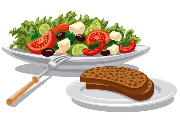 希腊色拉拌生菜 番茄和橄榄的插图 — 图库矢量图片