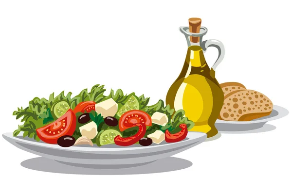 Illustration Von Frischem Griechischen Salat Mit Salat Tomaten Und Oliven — Stockvektor