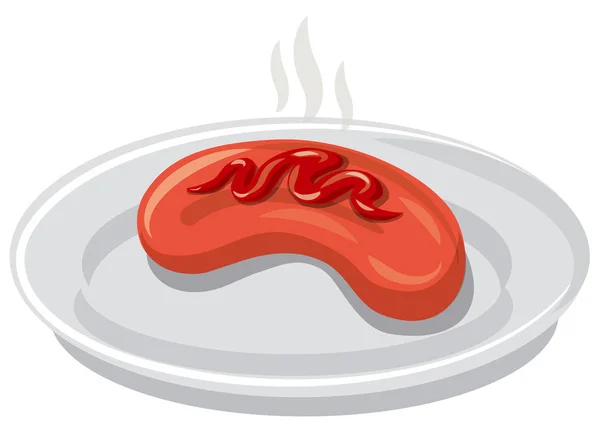 烤香肠和番茄酱在盘子上的插图 — 图库矢量图片