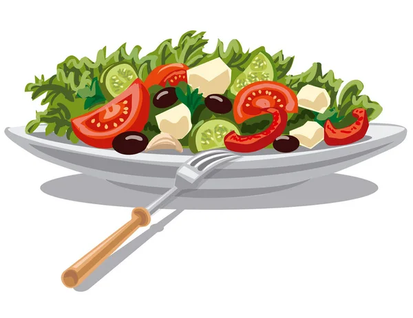Illustration Fresh Greek Salad Lettuce Tomatoes Olives — Stock Vector