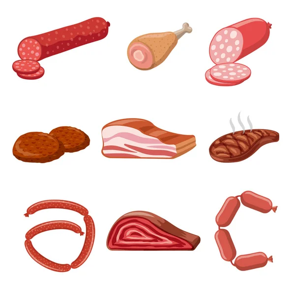 各种肉类产品 熏肉和牛排的插图 — 图库矢量图片