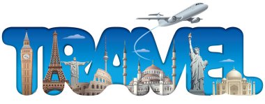 Dünya çapında seyahat için metin logo işareti kavramı çizimi